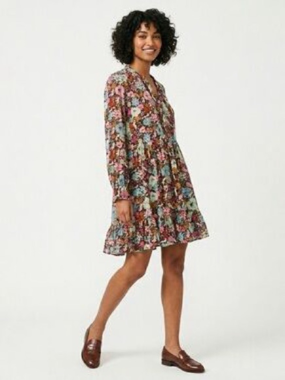Frnch Paris Floral Long-Sleeve Tiered V-Neck Dress in Multi Floral